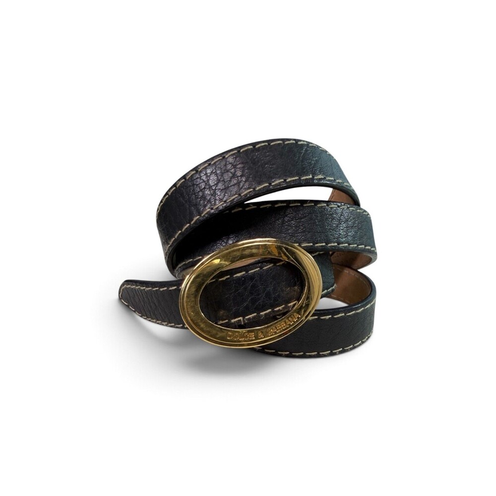 Dolce and Gabbana Black Leather Belt with Gold Tone Metal Oval Buckle Size 32 in